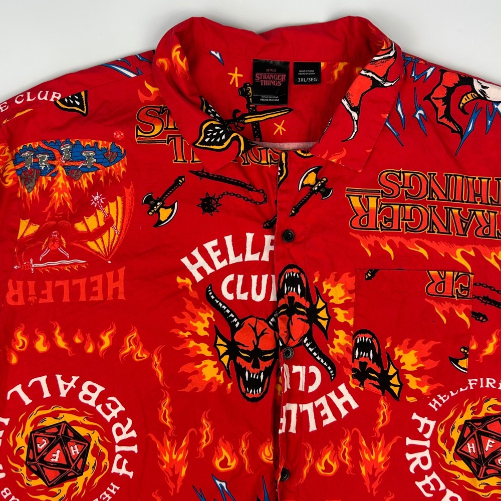 Stranger Things Mens Hellfire Club Red Graphic Button Down Shirt 3XL Cotton